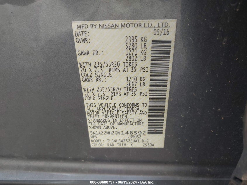 2016 Nissan Murano Platinum VIN: 5N1AZ2MH2GN146592 Lot: 39680797