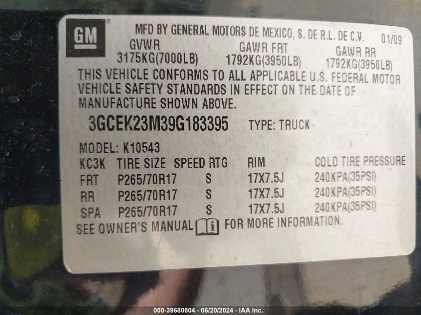 2009 Chevrolet Silverado K1500 Lt VIN: 3GCEK23M39G183395 Lot: 39680804