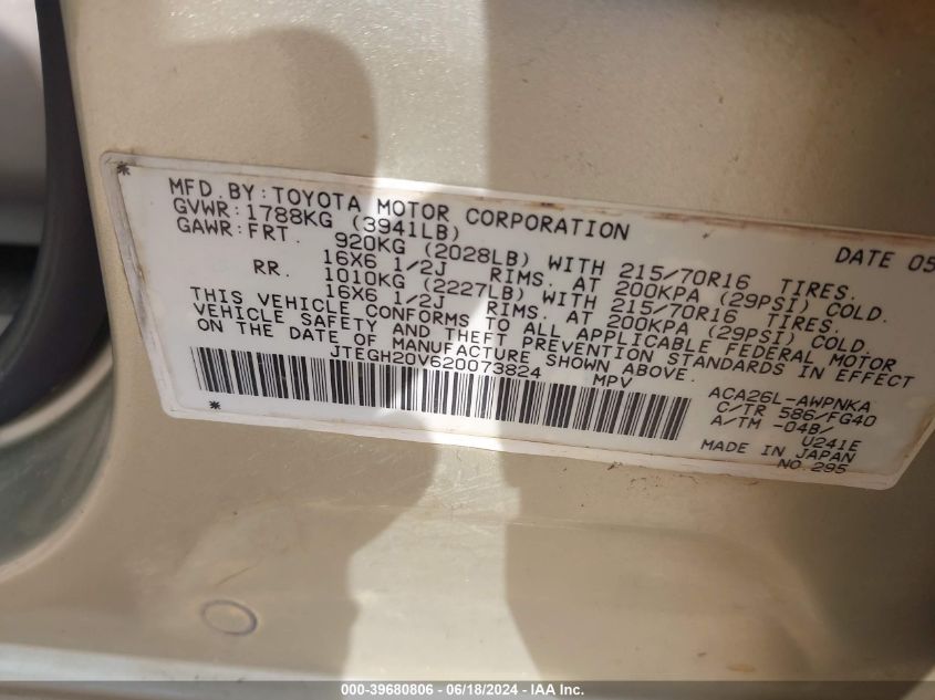 2002 Toyota Rav4 VIN: JTEGH20V620073824 Lot: 39680806