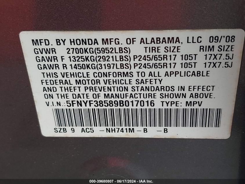 2009 Honda Pilot Ex-L VIN: 5FNYF38589B017016 Lot: 39680807