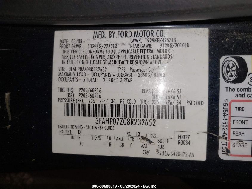 2008 Ford Fusion Xl VIN: 3FAHPO72OBR232652 Lot: 39680819