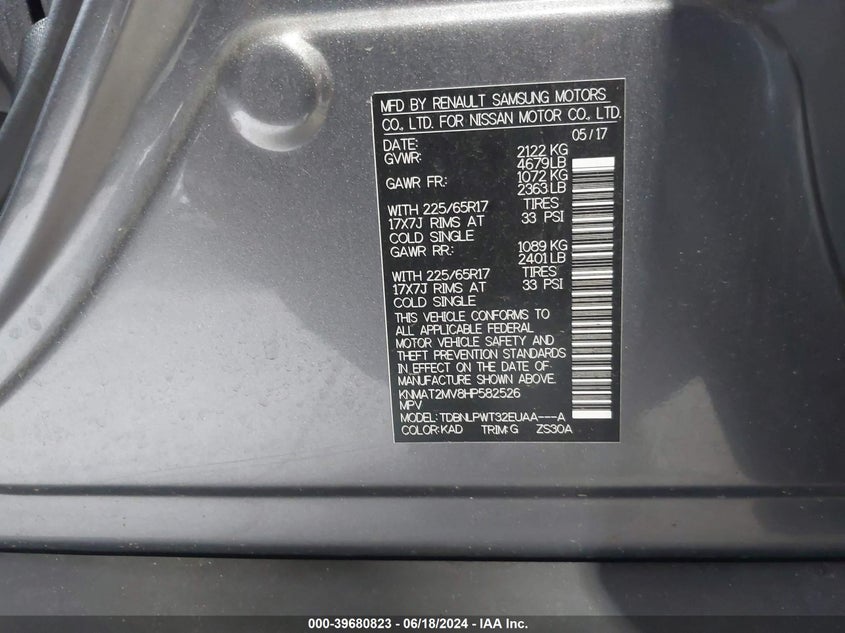 2017 Nissan Rogue S VIN: KNMAT2MV8HP582526 Lot: 39680823