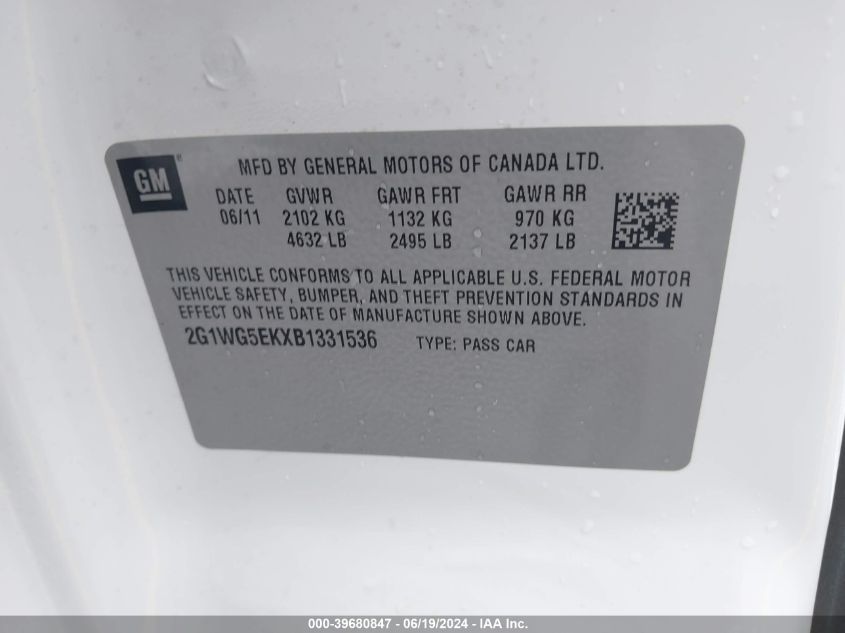 2011 Chevrolet Impala Lt VIN: 2G1WG5EKXB1331536 Lot: 39680847