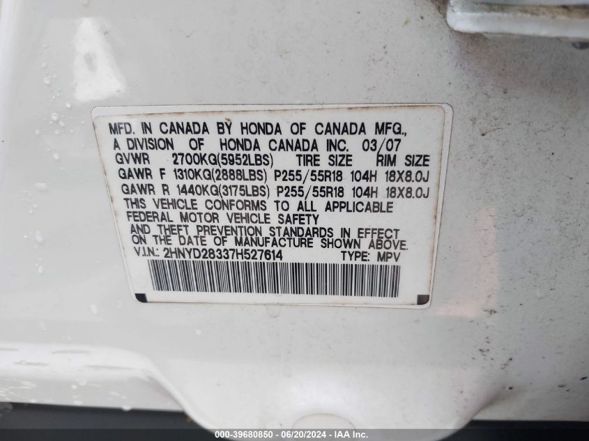 2007 Acura Mdx Technology Package VIN: 2HNYD28337H527614 Lot: 39680850