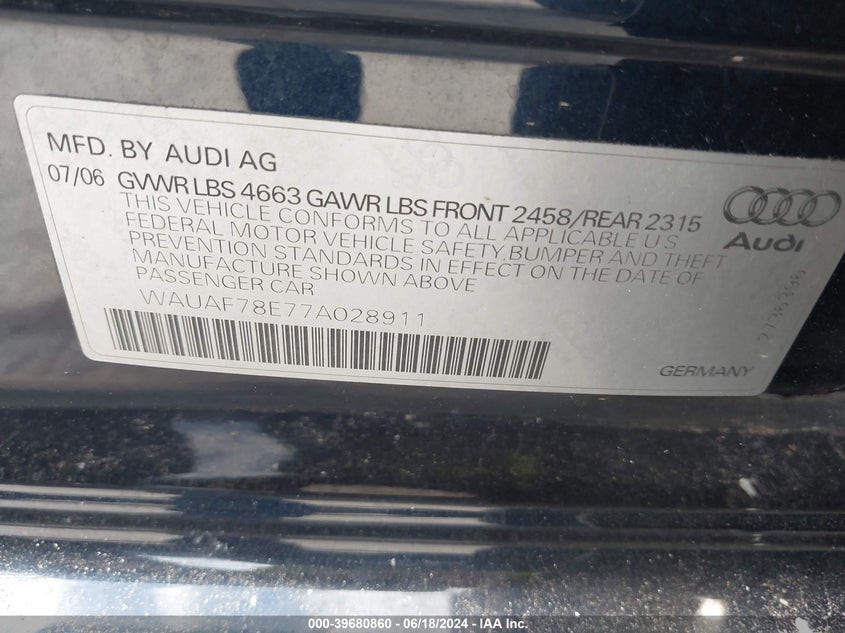 2007 Audi A4 2.0T VIN: WAUAF78E77A028911 Lot: 39680860