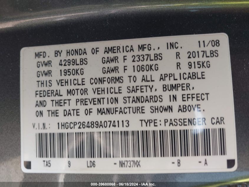 2009 Honda Accord 2.4 Lx-P VIN: 1HGCP26489A074113 Lot: 39680868