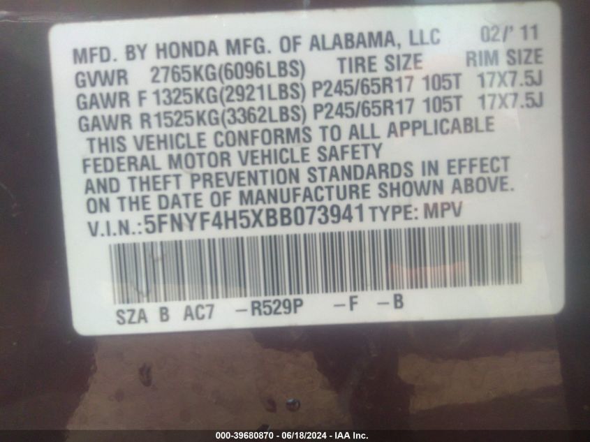 2011 Honda Pilot Ex-L VIN: 5FNYF4H5XBB073941 Lot: 39680870