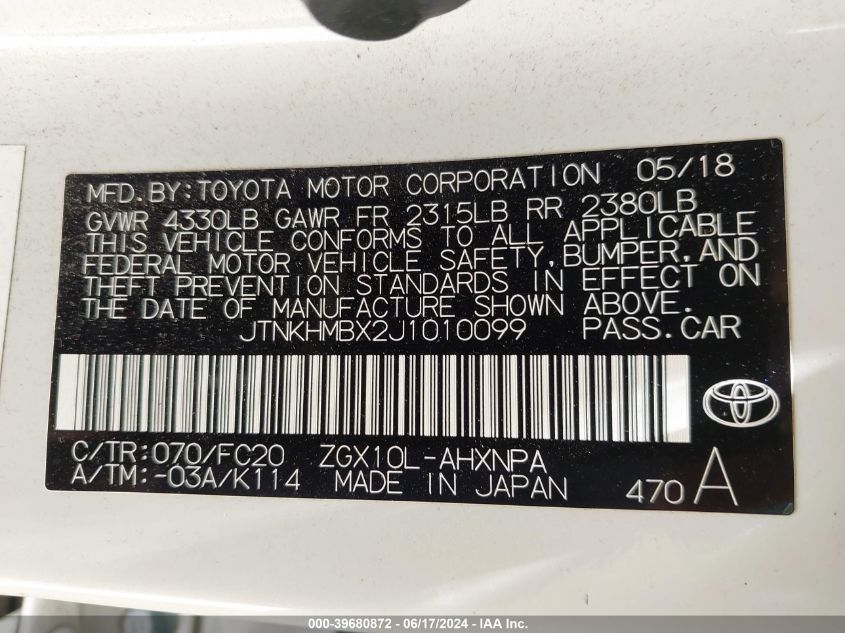 JTNKHMBX2J1010099 2018 Toyota C-Hr Xle