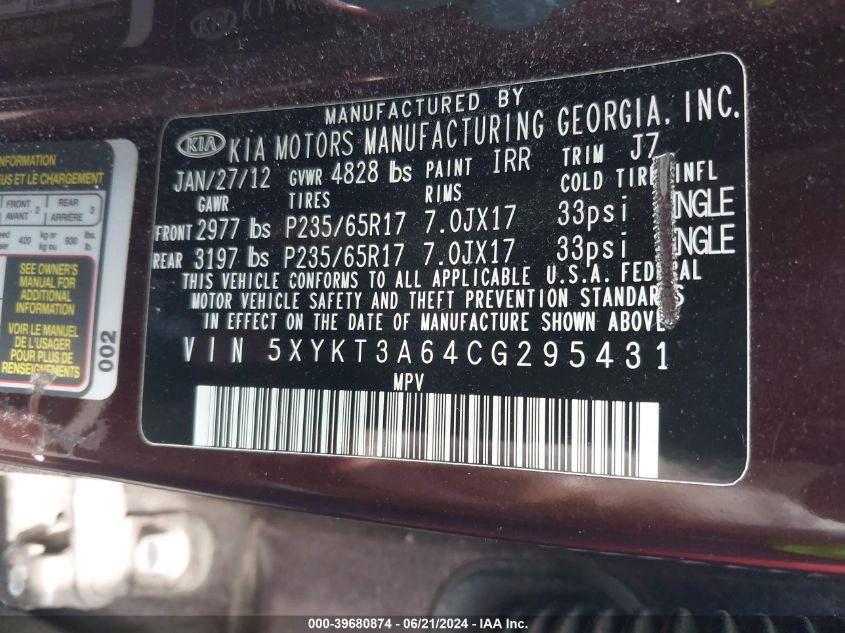 2012 Kia Sorento Lx VIN: 5XYKT3A64CG295431 Lot: 39680874