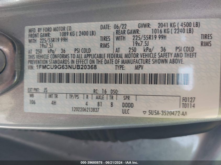 2022 Ford Escape Se VIN: 1FMCU9G63NUB20368 Lot: 39680878