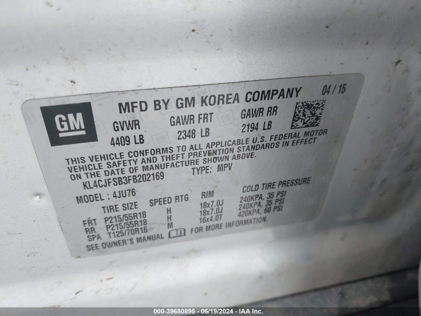 2015 Buick Encore Convenience VIN: KL4CJFSB3FB202169 Lot: 39680895