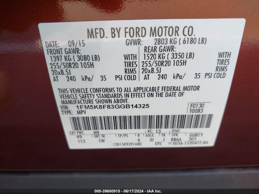 2016 Ford Explorer Limited VIN: 1FM5K8F83GGB14325 Lot: 39680915