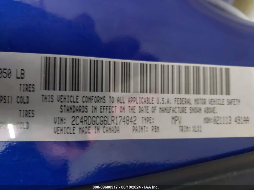 VIN 2C4RDGCG6LR174842 2020 DODGE GRAND CARAVAN SXT