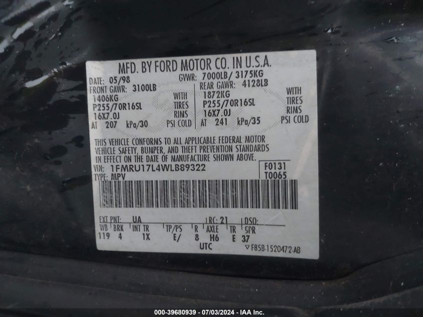 1998 Ford Expedition Eddie Bauer/Xlt VIN: 1FMRU17L4WLB89322 Lot: 39680939