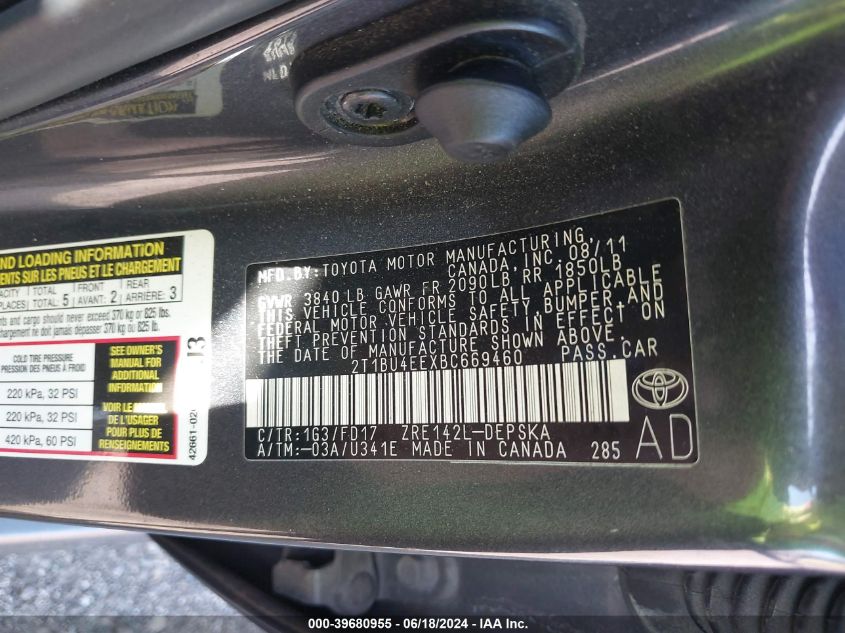 2011 Toyota Corolla S VIN: 2T1BU4EEXBC669460 Lot: 39680955