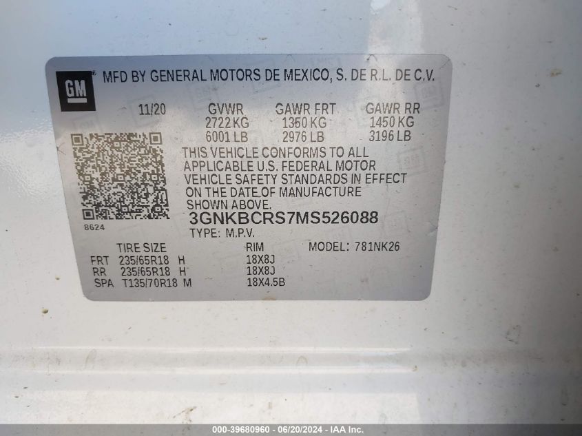 2021 Chevrolet Blazer 2Lt VIN: 3GNKBCRS7MS526088 Lot: 39680960