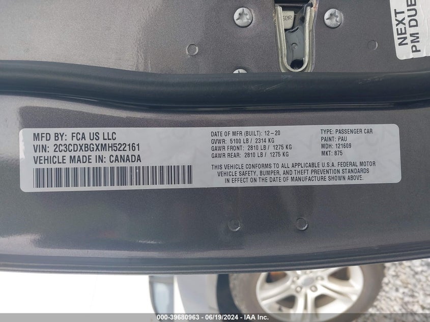 2021 Dodge Charger Sxt Rwd VIN: 2C3CDXBGXMH522161 Lot: 39680963