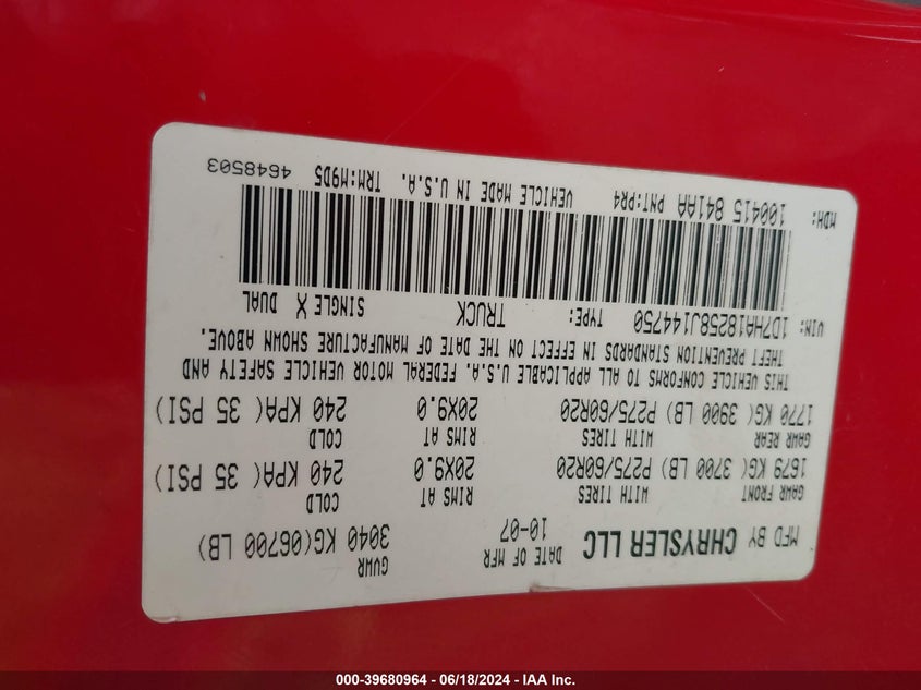 2008 Dodge Ram 1500 Slt VIN: 1D7HA18258J144750 Lot: 39680964