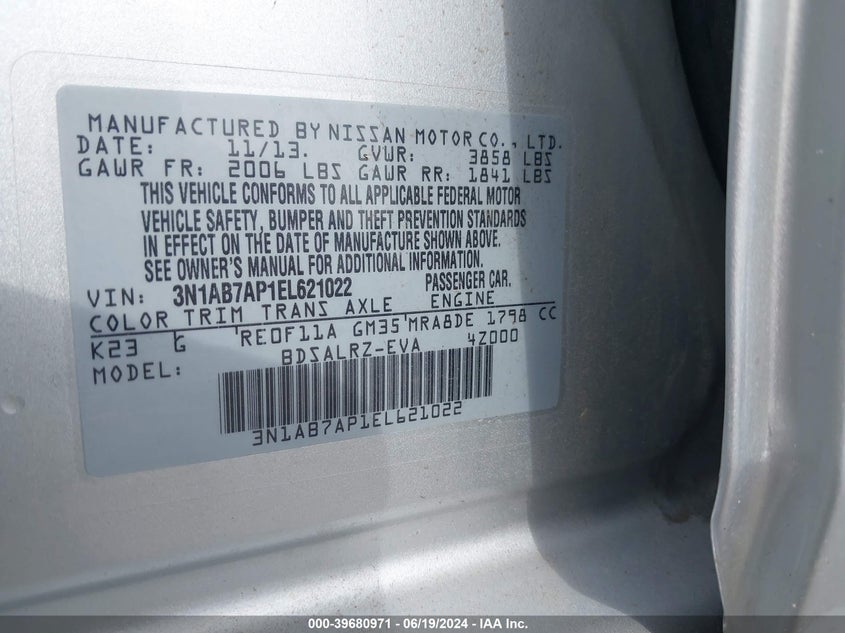 2014 Nissan Sentra Sr VIN: 3N1AB7AP1EL621022 Lot: 39680971