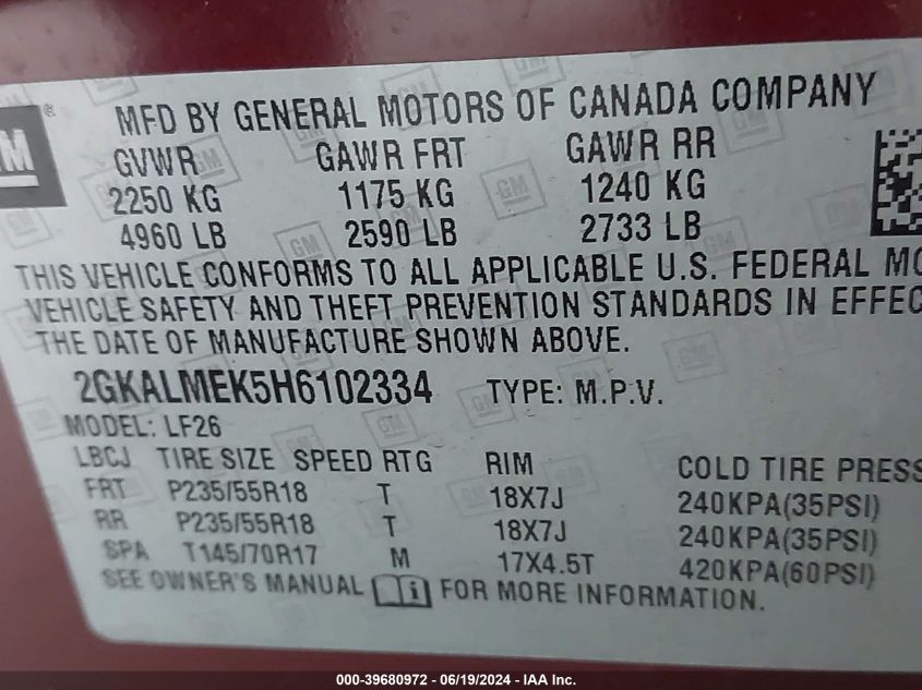 2017 GMC Terrain Sle-1 VIN: 2GKALMEK5H6102334 Lot: 39680972