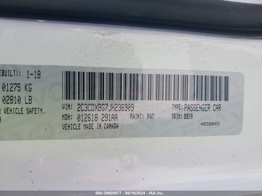 2018 Dodge Charger Sxt VIN: 2C3CDXBG7JH236909 Lot: 39680977