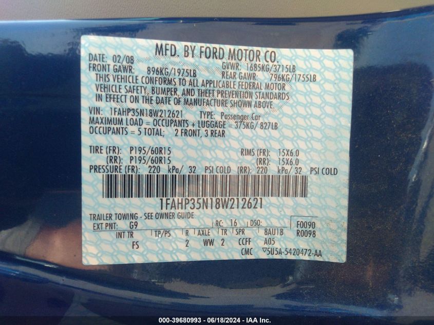 2008 Ford Focus Se/Ses VIN: 1FAHP35N18W212621 Lot: 39680993