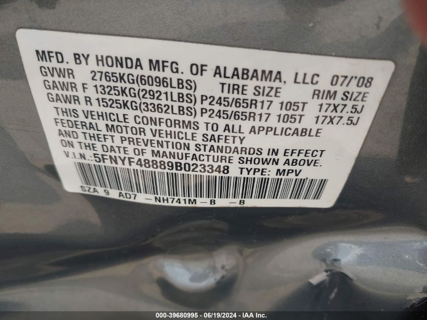2009 Honda Pilot Touring VIN: 5FNYF48889B023348 Lot: 39680995