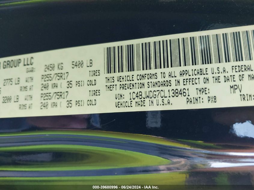 2012 Jeep Wrangler Unlimited Sport VIN: 1C4BJWDG7CL138461 Lot: 39680996