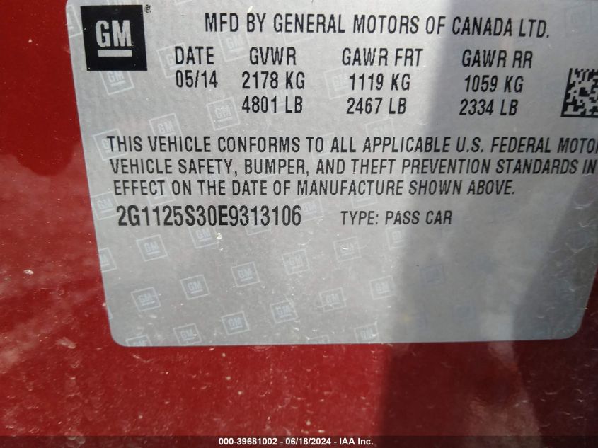 2014 Chevrolet Impala 2Lt VIN: 2G1125S30E9313106 Lot: 39681002