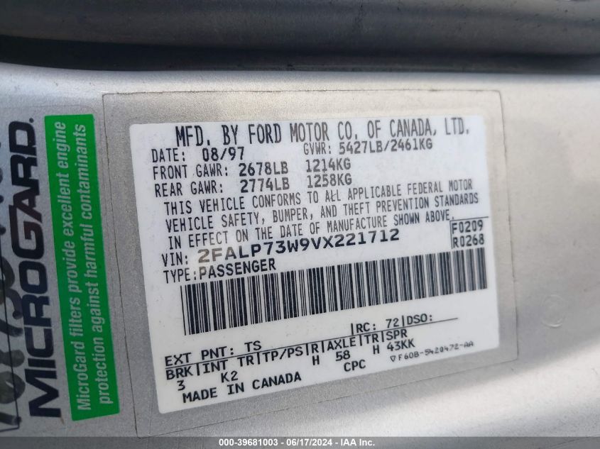 1997 Ford Crown Victoria VIN: 2FALP73W9VX221712 Lot: 39681003