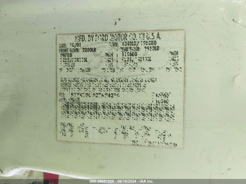 2002 Ford Ranger Edge/Xl/Xlt VIN: 1FTYR10U42TA24210 Lot: 39681020