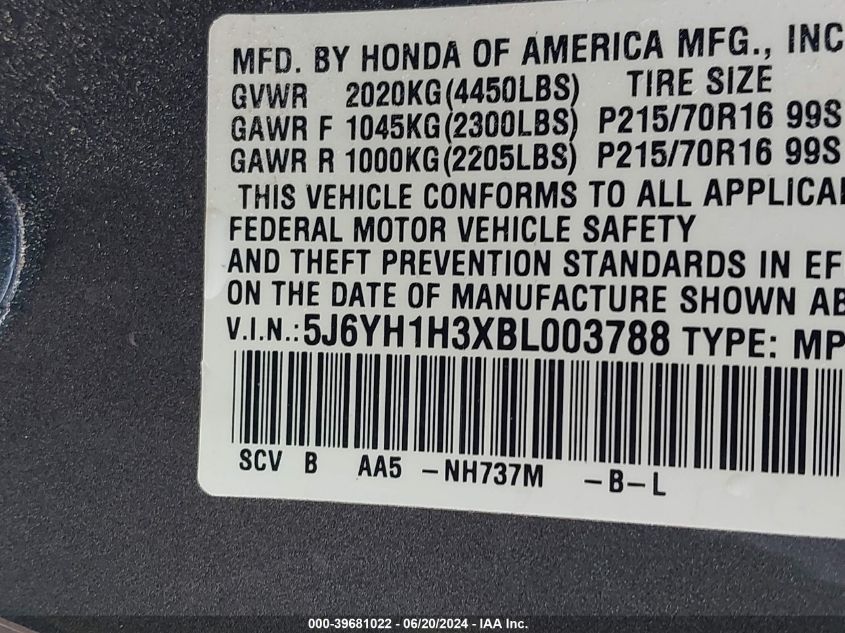 2011 Honda Element Lx VIN: 5J6YH1H3XBL003788 Lot: 39681022