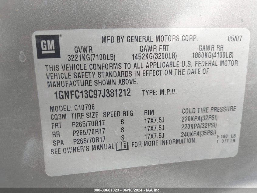 2007 Chevrolet Tahoe Ls VIN: 1GNFC13C97J381212 Lot: 39681023