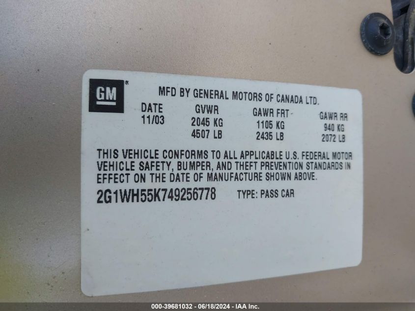 2004 Chevrolet Impala Ls VIN: 2G1WH52K549301060 Lot: 39681032