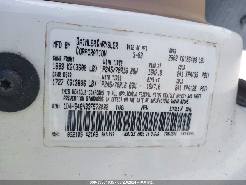 2003 Dodge Durango Slt VIN: 1D4HS48N33F573032 Lot: 39681035