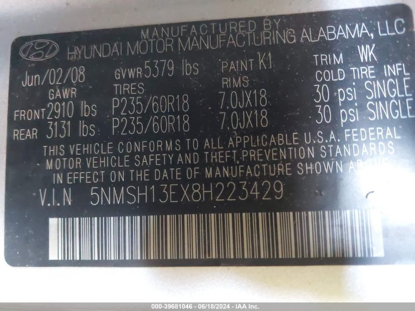 2008 Hyundai Santa Fe Limited/Se VIN: 5NMSH13EX8H223429 Lot: 39681046