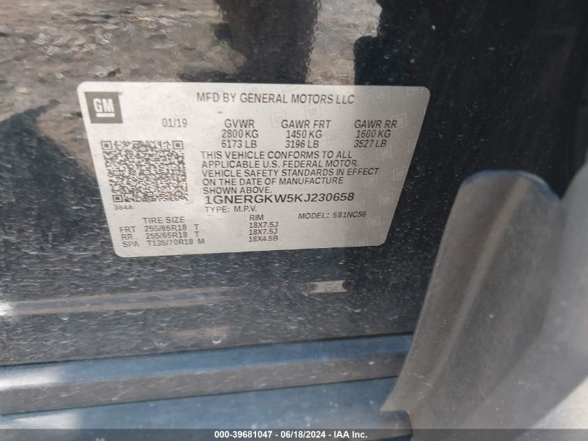 2019 Chevrolet Traverse 1Lt VIN: 1GNERGKW5KJ230658 Lot: 39681047