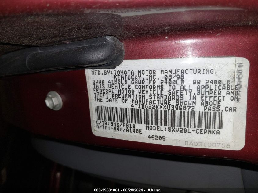 1999 Toyota Camry Le VIN: 4T1BG22KXXU396872 Lot: 39681061