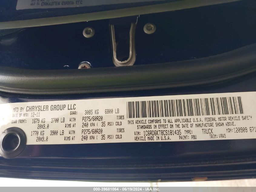 2012 Ram 1500 St VIN: 1C6RD6KT8CS181435 Lot: 39681064