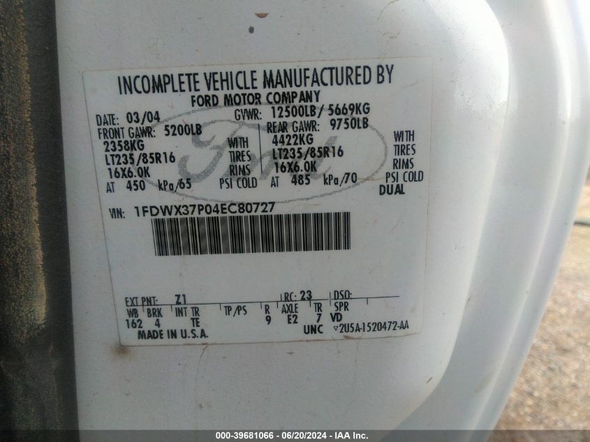 2004 Ford F-350 Super Duty VIN: 1FDWX37P04EC80727 Lot: 39681066