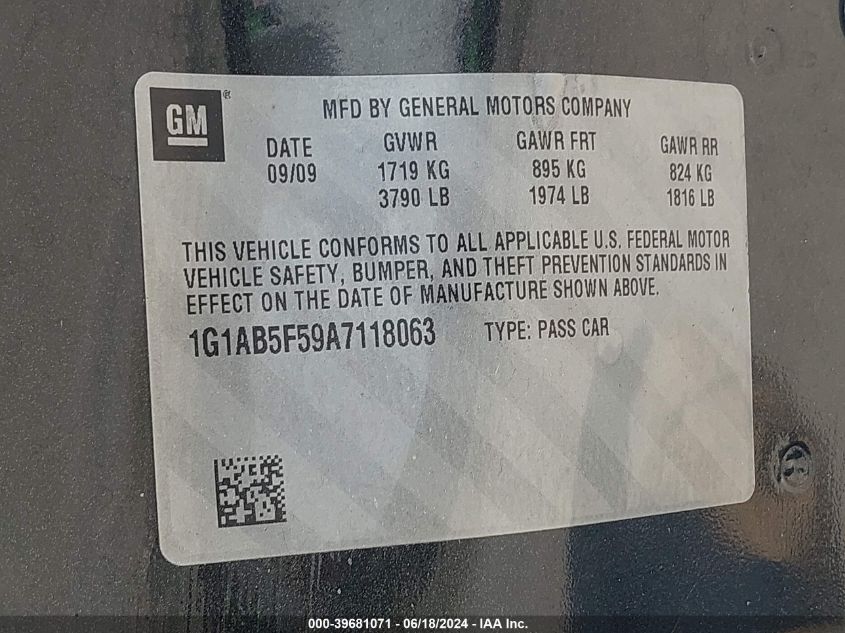 2010 Chevrolet Cobalt Ls VIN: 1G1AB5F59A7118063 Lot: 39681071