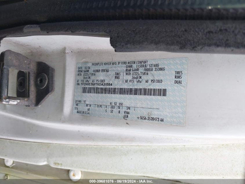 2006 Ford Econoline E350 Super Duty Ctway Van VIN: 1FDWE35P76DA31584 Lot: 39681076