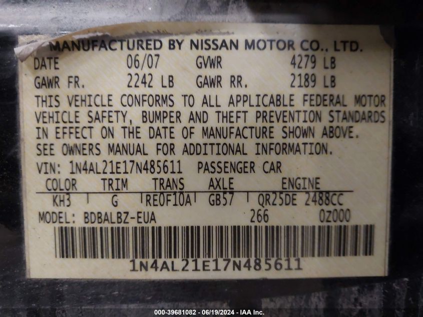 2007 Nissan Altima 2.5 S VIN: 1N4AL21E17N485611 Lot: 39681082