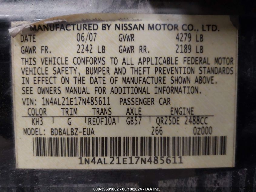 1N4AL21E17N485611 | 2007 NISSAN ALTIMA