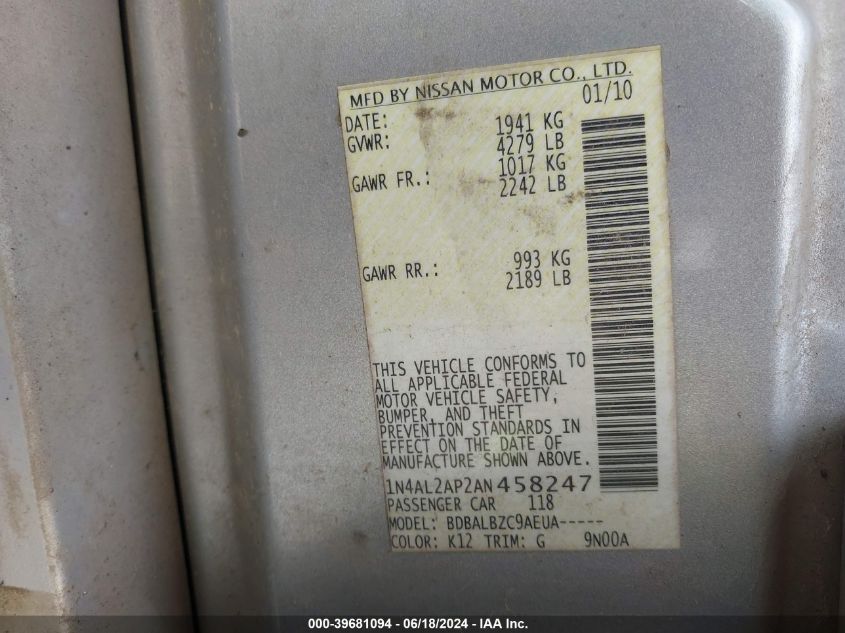 2010 Nissan Altima 2.5 S VIN: 1N4AL2AP2AN458247 Lot: 39681094