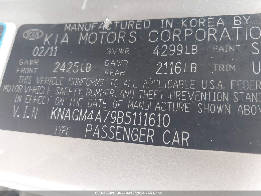 2011 Kia Optima Lx VIN: KNAGM4A79B5111610 Lot: 39681096