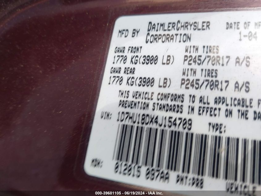 2004 Dodge Ram 1500 St/Slt VIN: 1D7HU18DX4J154709 Lot: 39681105