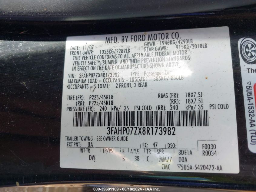 2008 Ford Fusion Se VIN: 3FAHP07ZX8R173982 Lot: 39681109