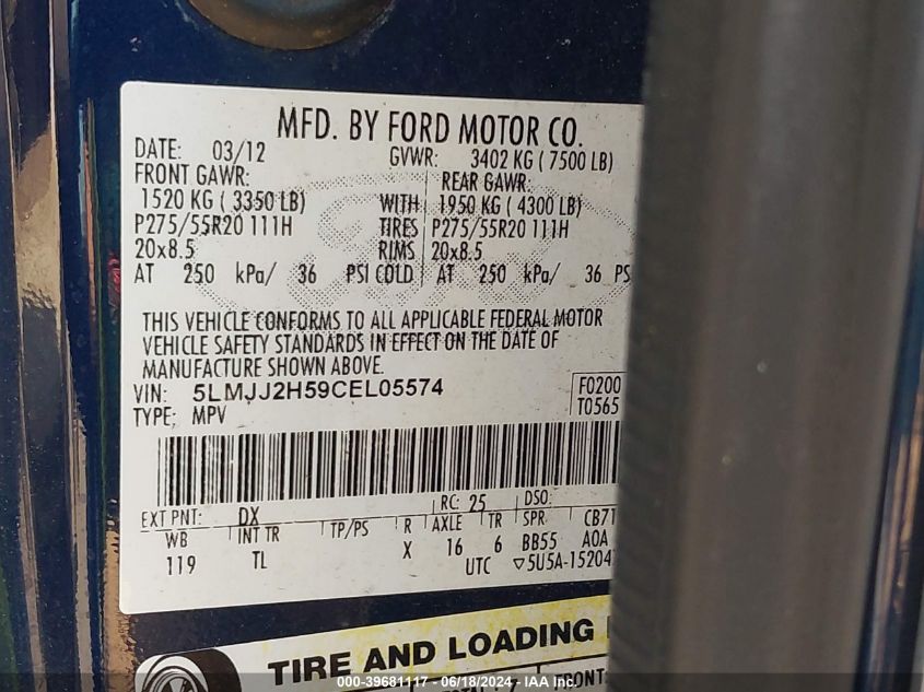 2012 Lincoln Navigator VIN: 5LMJJ2H59CEL05574 Lot: 39681117