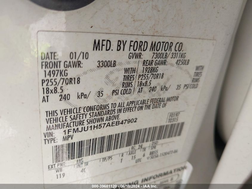 2010 Ford Expedition Eddie Bauer/King Ranch VIN: 1FMJU1H57AEB47902 Lot: 39681120